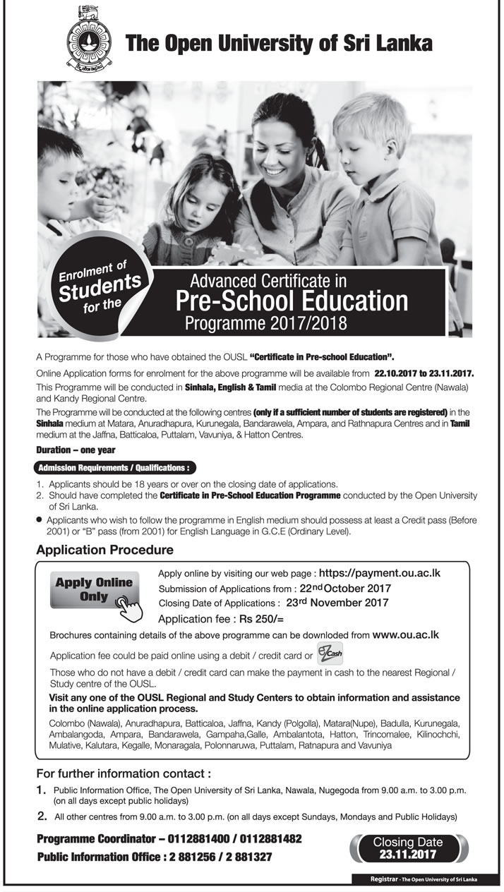 Advanced Certificate in Pre-School Education Programmes (2017/2018) - The Open University of Sri Lanka